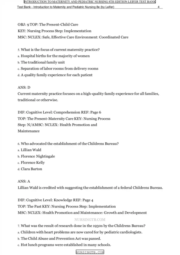 Introduction To Maternity And Pediatric Nursing 8th Edition Leifer Test bank Introduction To Maternity And Pediatric Nursing 8th Edition Leifer Test bank