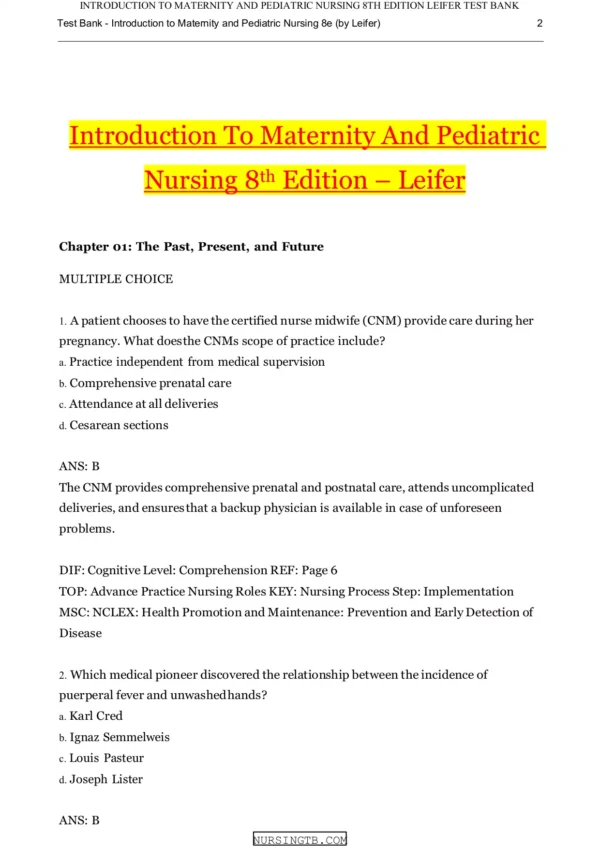 Introduction To Maternity And Pediatric Nursing 8th Edition Leifer Test bank Introduction To Maternity And Pediatric Nursing 8th Edition Leifer Test bank