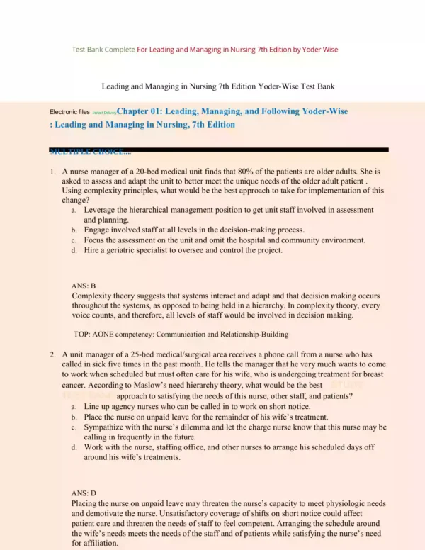 Leading Managing and Following Yoder Wise Test Bank Leading And Managing In Nursing 7th Edition Yoder Wise Test Bank