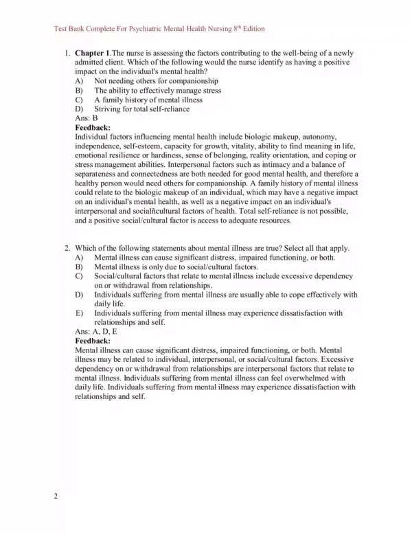 Psychiatric-Mental Health Nursing 8th Edition Videbeck Test Bank