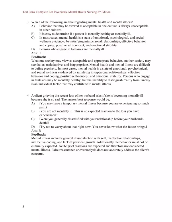 Psychiatric-Mental Health Nursing 8th Edition Videbeck Test Bank