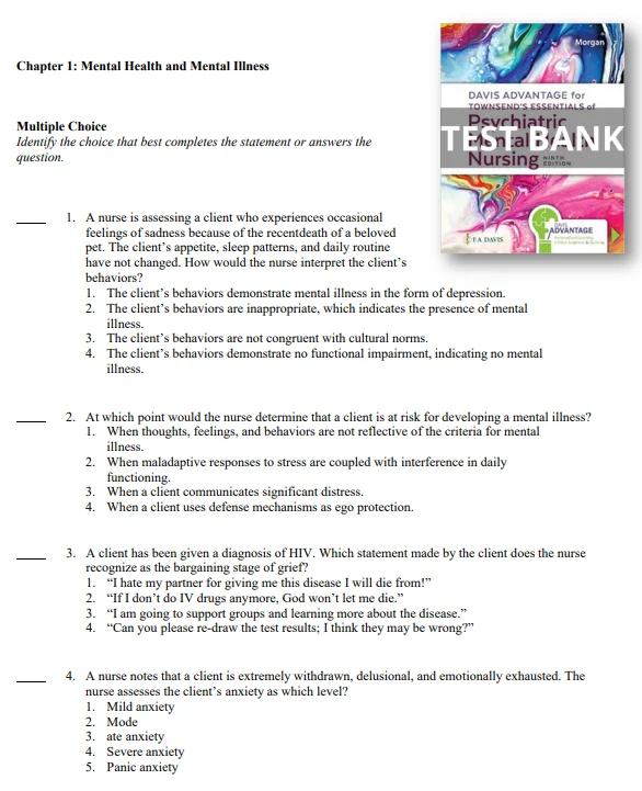 Townsend’s Essentials of Psychiatric Mental Health Nursing 9th edition Test Bank Davis Advantage for Townsend’s Essentials of Psychiatric Mental Health Nursing 9th Edition Karyn Morgan Test Bank