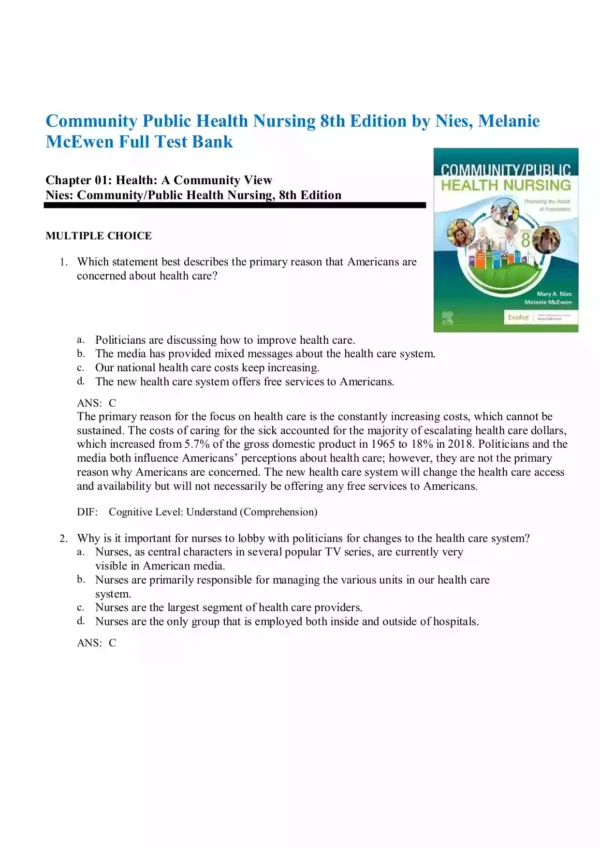 Community Public Health Nursing 8th Edition by Nies Melanie McEwen Test Bank