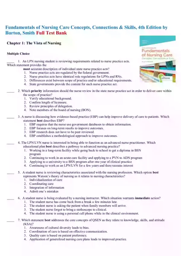 Fundamentals of Nursing Care Concepts, Connections & Skills, 4th Edition by Burton, Smith Test Bank-1 Fundamentals of Nursing Care Concepts Connections & Skills 4th Edition by Burton and Smith Test Bank
