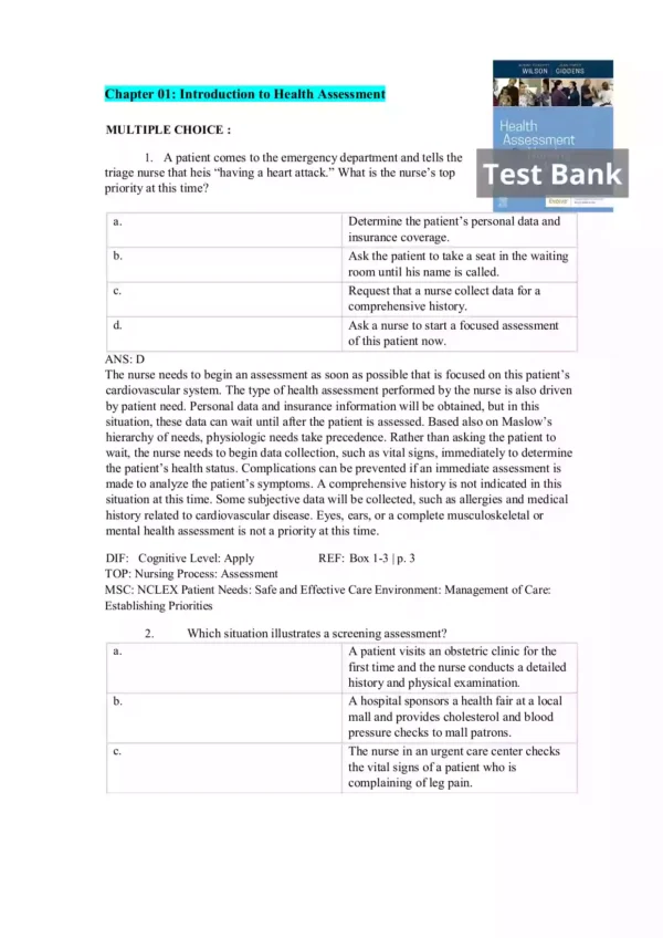Health Assessment for Nursing Practice 7th Edition by Wilson Test Bank