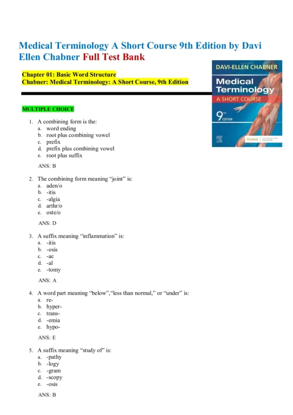 Medical Terminology A Short Course 9th Edition by Davi Ellen Chabner Test Bank1 Medical Terminology A Short Course 9th Edition by Davi Ellen Chabner Test Bank