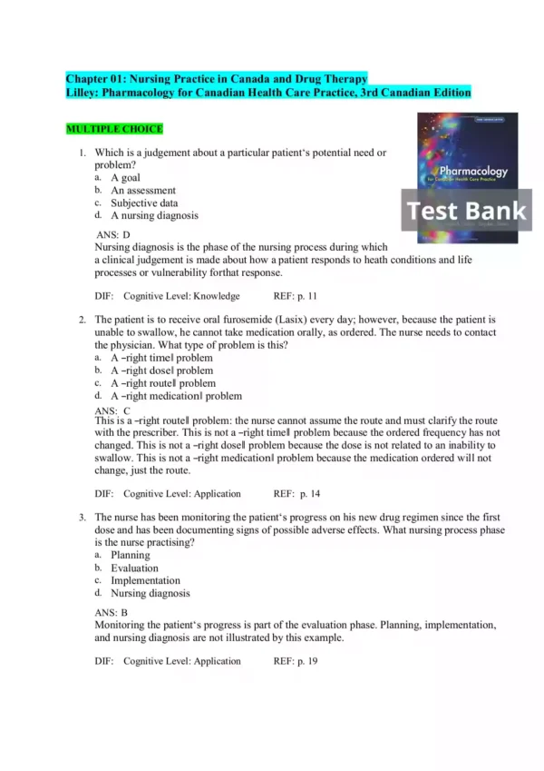 Pharmacology for Canadian Health Care Practice 3rd Edition Lilley Test Bank_Page1 Pharmacology for Canadian Health Care Practice 3rd Edition Lilley Test Bank