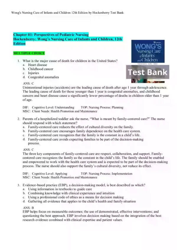 Wong's Nursing Care of Infants and Children 12th Edition by Hockenberry Test Bank