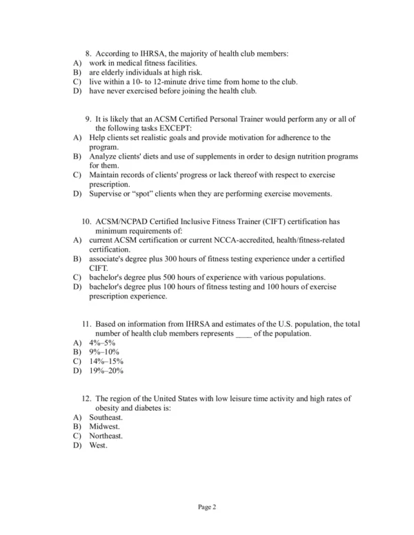 ACSM's Health-Related Physical Fitness Assessment Manual Fifth Edition Test Bank