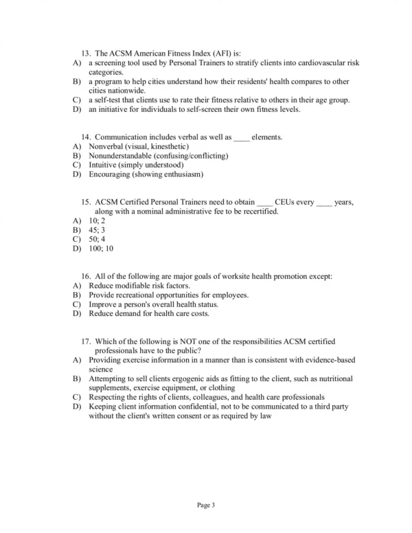 ACSM's Health-Related Physical Fitness Assessment Manual Fifth Edition Test Bank